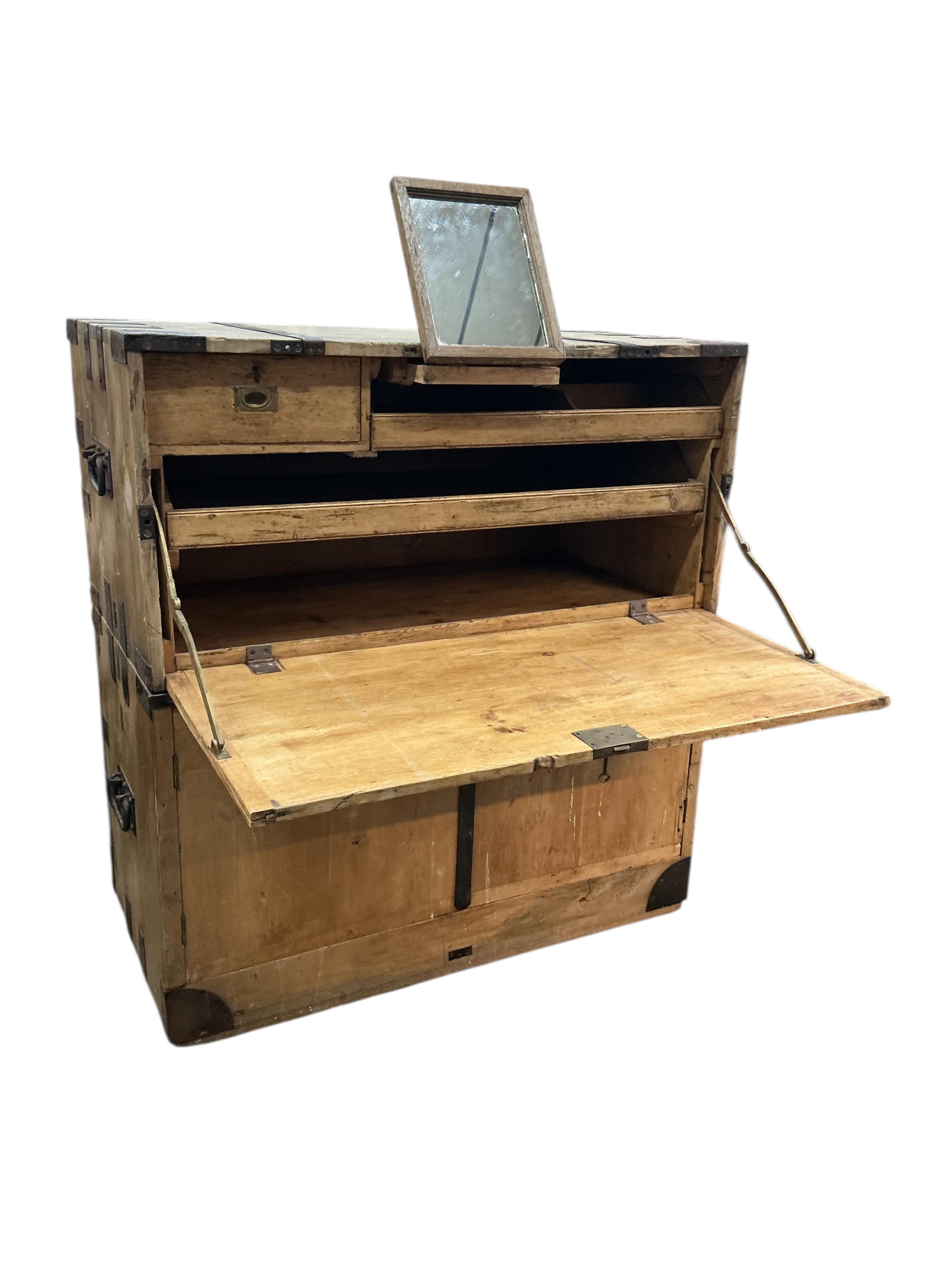 A 19th century pine two section military chest, width 106cm, depth 54cm, height 114cm, Provenance: By repute once the property of Frederick Matte (?) who was present at the Battle of Ladysmith